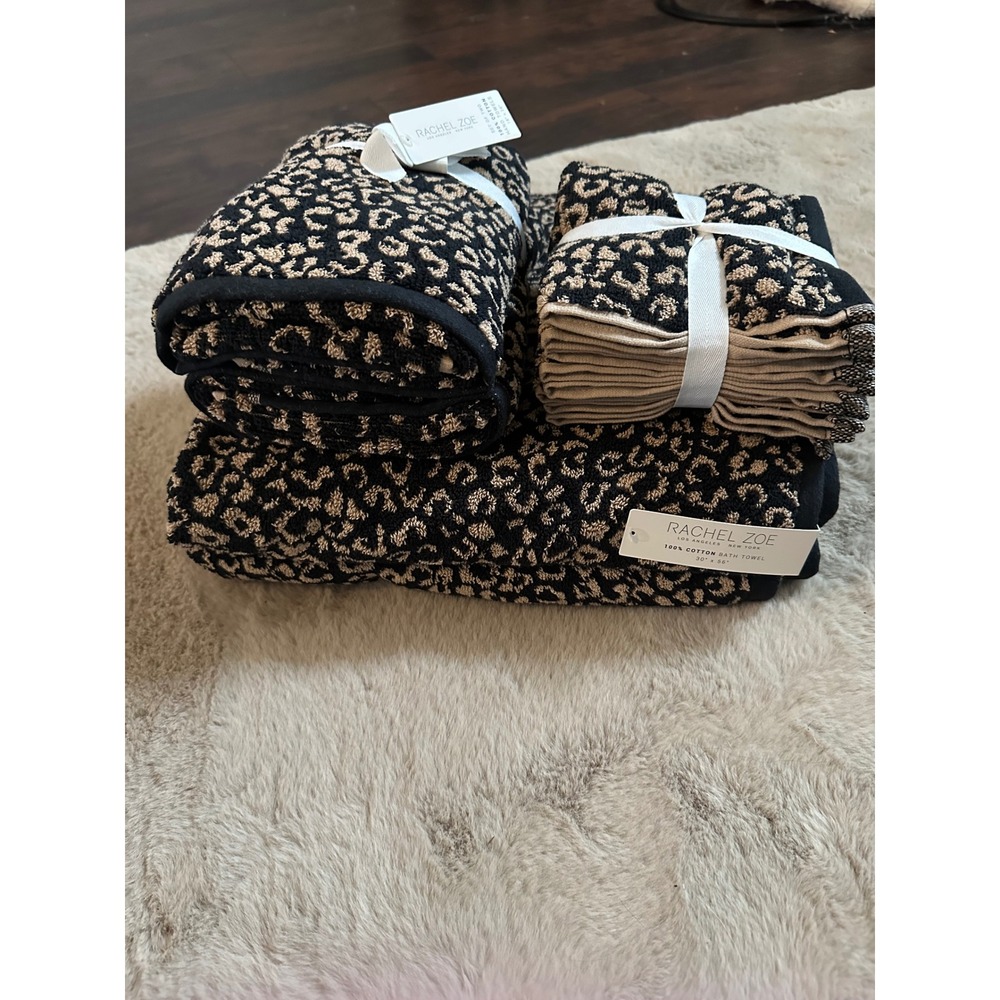 Rachel Zoe Leopard Print Towel Set 100% Cotton Black Tan Animal Print 8 Piece - Picture 2 of 5